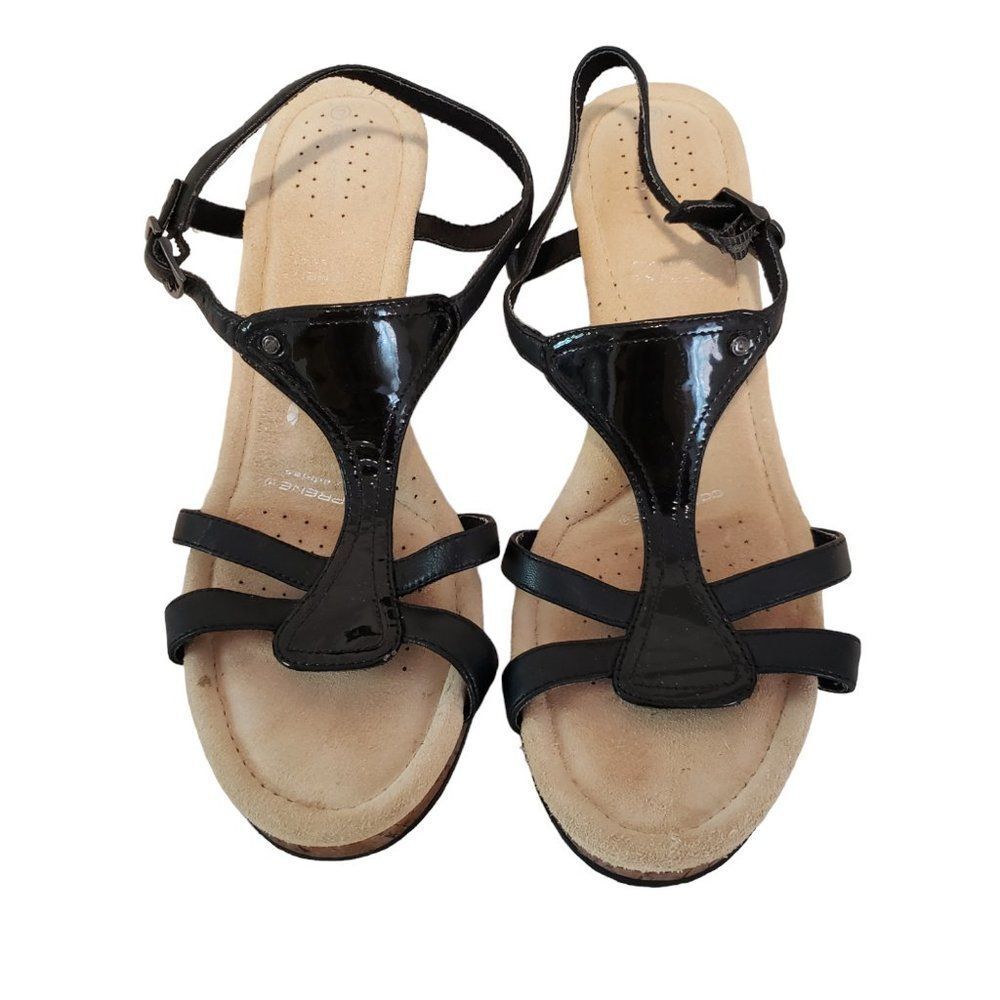 Rockport Sandals Womens 10 W Cork Wedge Buckle Strap Black Leather